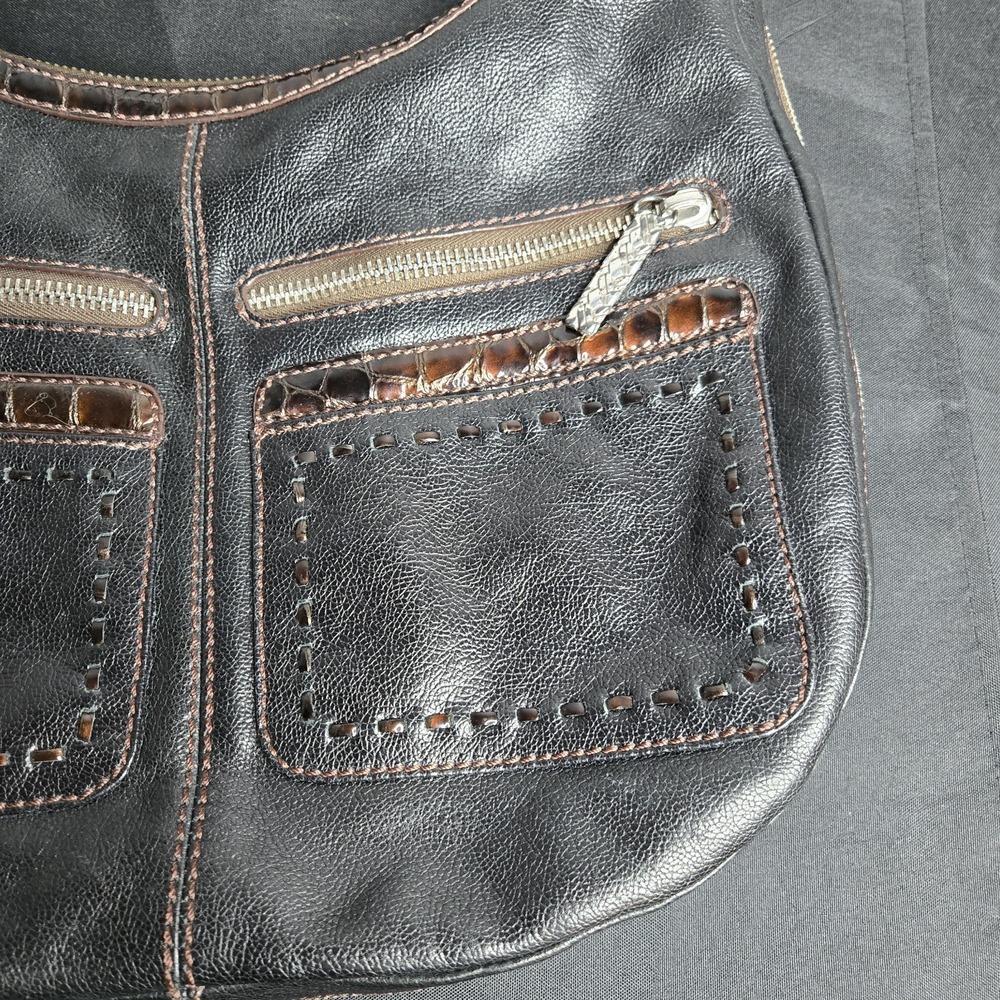 Brighton Black Leather Hobo Bag Croc Embossed Trim Braided Strap Expanding Y2k - Picture 3 of 9